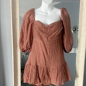 Puff-Sleeve Mini Dress, color maple, sexy, zipper on the back! Model is Mia mini